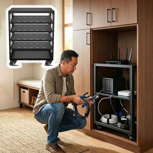 Serverställ med öppen Ram Ventilerat Serverställ för Hemmabruk med Hyllor & 4 Hjul, Öppet Nätverksrullställ 12U 16U 20U, Audio-video-racksystem för 48 cm Nätverksutrustning(12U,4 tier)