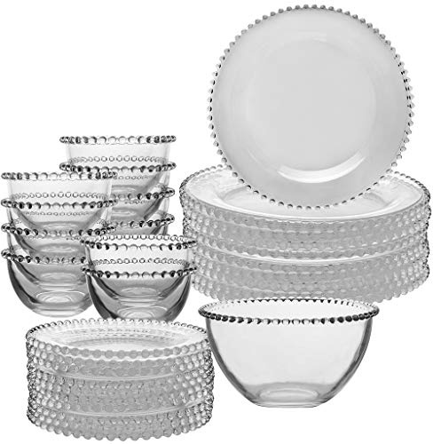 10 Person Glass Bella Perle Crockery Plate & Bowl Set with Salad Bowl | Glass Crockery, Beaded Edge, Bella Perle, Dinner Plate, Side Plate, Dessert Bowl, Salad Bowl, Tableware Set