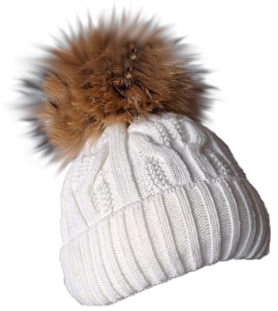 MERRYLAND Mütze XXL Echtfellbommel Pudelmütze Bommelmütze ECHTFELL Hat Real Fur Handmade Fellbommel Echt Fell Bommel Strickmütze Pelzbommel Waschbär Raccoon Pelz