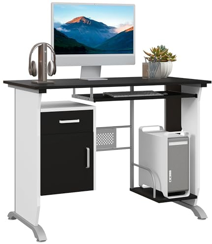 HOMCOM Mesa de Ordenador Armario, Bandeja Teclado 100x52x75cm Negro/Plata