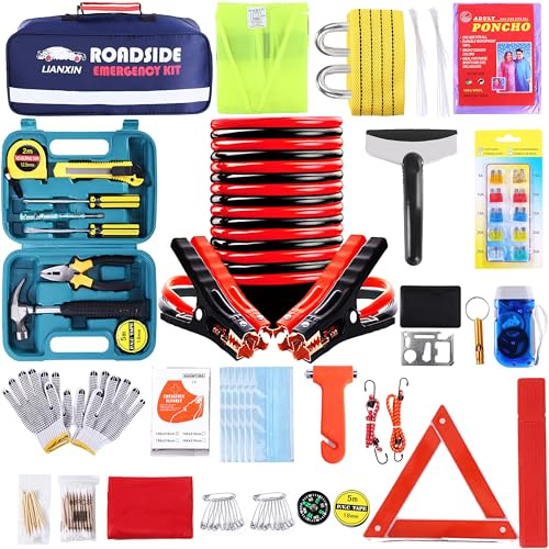LIANXIN Roadside Assistance Emergency Kit - Car Roadside Emergency Kit Jumper Cables Set (8.2 fot) Automotive Roadside Assistance 142 delar bilsäkerhetssats, Tow Strap,Tool Kit