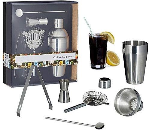 Monsterzeug Set da 5 pezzi, accessori da cocktail in acciaio inox, shaker, colino, bicchierino, colino, colino, cucchiaio, pinza per cubetti di ghiaccio, long drink, senza BPA