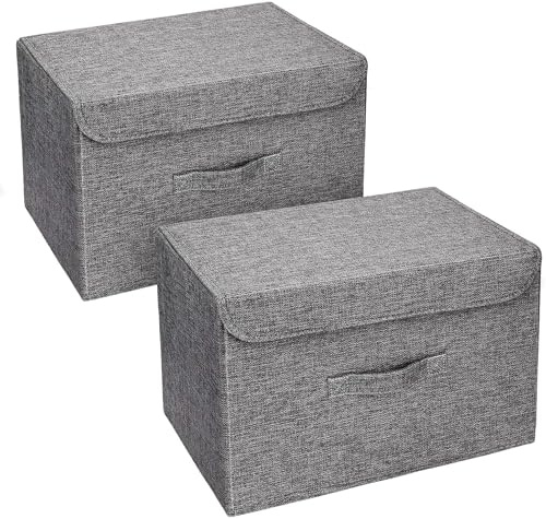 DIMJ 2 Stück Aufbewahrungsboxen mit Deckel, Faltbare Aufbewahrungskiste mit Griff, Aufbewahrungskorb Stoff, Ordnungsboxen Kleiderschrank Organizer, Faltbox für Kleidung, Dunkelgrau