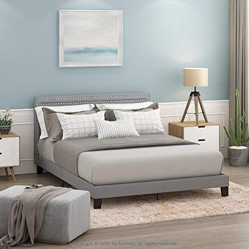 Furinno LAVAL Bed Frame, UK King Size Bedframe with Double Row Nail Head Headboard, Upholstered Bed with Legs, 12pcs Wooden Slat Support, Easy Assembly, for Bedroom, Dorm, Glacier