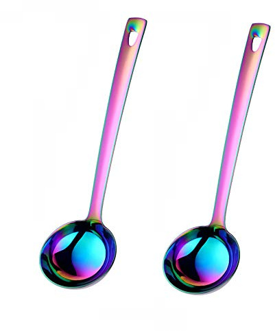 SBOMHS Schöpflöffel aus Edelstahl Schöpfkellen 2 Stück Länge 30CM Breite 8,5CM Suppenschöpfer groß Suppenlöffel für Küchenhelfer Regenbogen