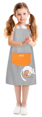 Viedouce kochschürze Kinder mit Tasche, Wasserdicht schürze für Kinder, Verstellbare Küchenschürze Schule Jungen Mädchen für schulgarten Basteln Bemalen Backen Kochen(4-13jahre) (Orange)