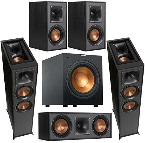 Klipsch Reference 5.1 Dolby Atmos Home Theater System with R-625FA Floorstanding Speakers, R-52C Center, R-41M Surrounds & R-12SW 12 Powered Subwoofer, Black (Speaker System + Subwoofer)