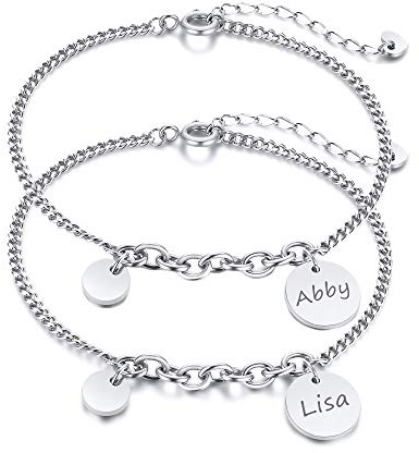 Set mit 2 Gliederarmbändern für Frauen, Kostenlose Gravur Verstellbare Freundschaftsarmbänder Personalisierte Runde Tag BFF Familienmanschette Edelstahlschmuck für Mädchen Schwester, Silber
