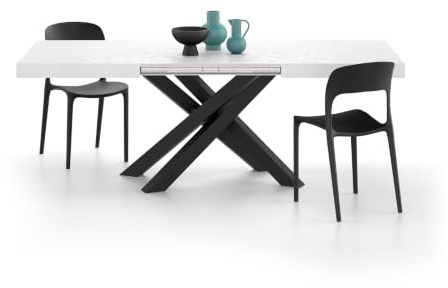 MOBILI FIVER, Ausziehbarer Esstisch Emma 140(220) x90 cm, Weißer Beton mit Schwarzen gekreuzten Beinen, Made In Italy
