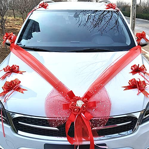 Organza Autoschmuck Set,Braut Paar Hochzeit Autoschleife Große Car Bow Tüll Schleife Riesenschleife Dekoschleife für Auto Dekor Hochzeit New Houses Party Feier Valentinstag Brautwagen Deko,Rot A