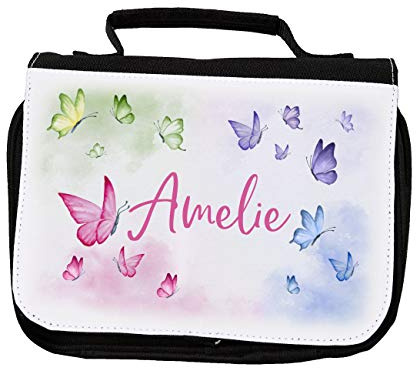 Striefchen® Kinder Mädchen Kulturtasche mit Namensaufdruck Schmetterlinge