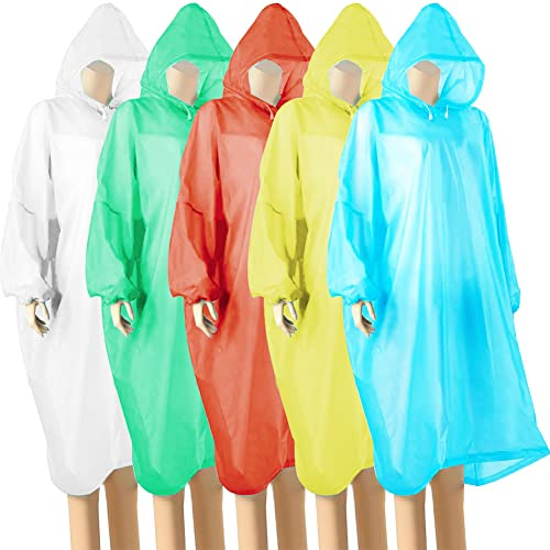 wehers - Poncho impermeabile, 5 pezzi, poncho antipioggia monouso per uomo e donna, con maniche lunghe e cappuccio, per festival, concerti, escursionismo, ciclismo