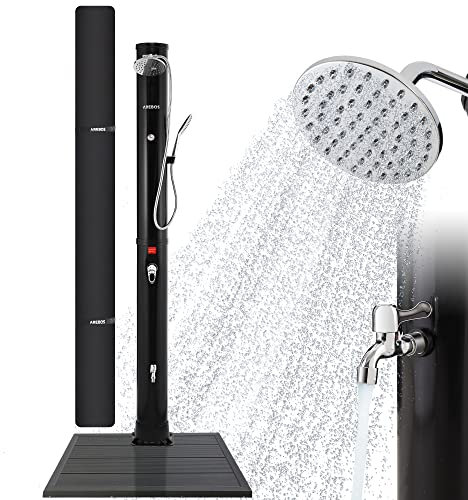 AREBOS Douche Solaire de 40 l Premium Noire avec Socle Anthracite | Socle en Acier | Douchette Manuelle Amovible