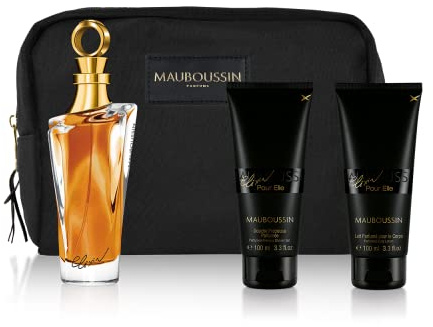 Mauboussin Set Prestige 2022 Elixir pour Elle Eau de Parfum 100 ml, wertvolle Dusche 100 ml, Duftmilch 100 ml & Kulturbeutel