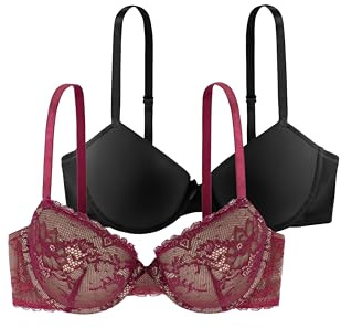 Dorina Damen Chloe Zwei-Teiliges Demi-BH Set – Mit Bügel, Leicht Gepolstert, Florale Spitze & Weiches Mikrogewebe, Verstellbare Träger, Rot und Schwarz