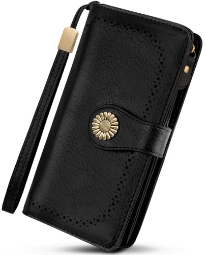 TEUEN Geldbörse Damen Gross mit Viele Fächer, RFID Blocker Portemonnaie PU Leder Geldbeutel Retro Vintageportmonee mit Handyfach und Münzfach Geschenke Für Frauen