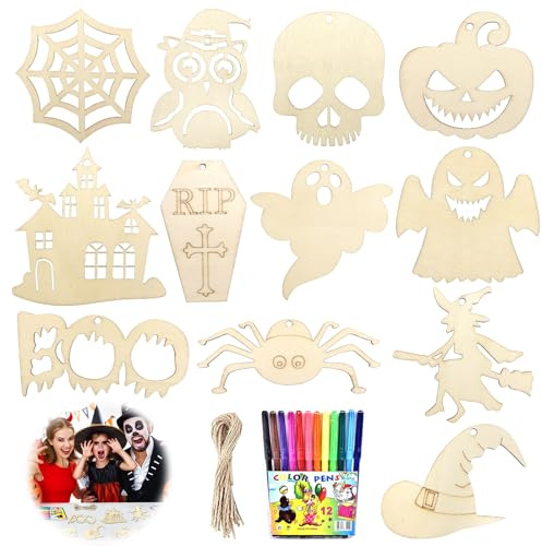 JOKILY 24stk Halloween Basteln Kinder Holz Kürbis Bastelset Herbst, Halloween Holz Bastelset Gespenst Kürbis zum Bemalen, Unbehandelt Holzanhänger mit Bindfaden und Buntstifte für DIY Handwerk