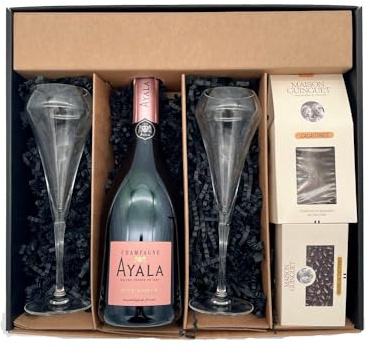 Coffret Cadeau noir - Champagne Ayala -1 Rosé - Cacaotines (1x150g) et Raisins au sauternes (1x100g) MAISON GUINGUET – 2 flûtes CHEF SOMMELIER