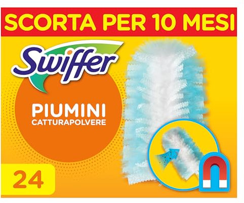 Swiffer Duster Piumini Catturapolvere, 24 Piumini, Cattura e Intrappola Polvere e Sporco, Raggiunge I Punti più Difficili della Casa, Doppio Formato