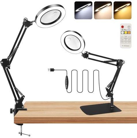 Lupa 2 en 1 con luz y soporte, 15 lupas LED con mando a distancia, 3 temperaturas de color y brillo ajustable, lupa ajustable con luz para manualidades, lectura, cerca, manualidades, hobby