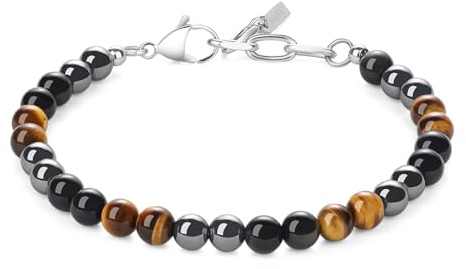 GAVU Bracciale Uomo Pietre Naturali Occhio di Tigre Onice Opaco ed Ematite, Bracciale Tripla Protezione da Uomo