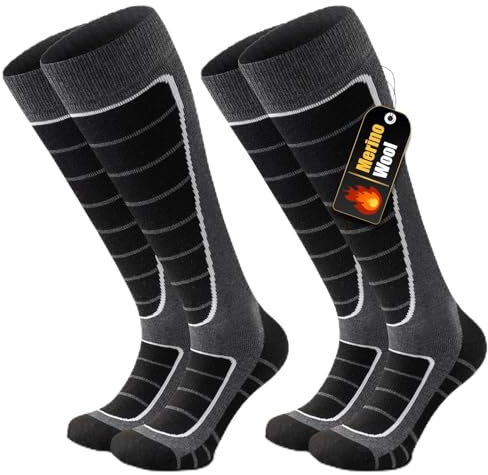 Stoeury 2 Paires de Chaussettes de Ski en Laine Mérinos pour Hommes et Femmes, Chaussettes de Sport Montantes Chaudes pour l'Hiver pour le Ski, la Randonnée et le Snowboard