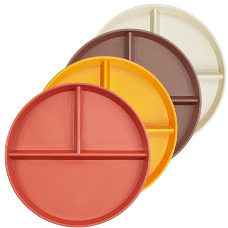 greenandlife Lot de 4 Assiettes Divisées, 22.8cm Assiette Plastique Reutilisable，Plate à Compartiments Incassable pour adultes, sans BPA，Passe au Micro-Ondes et au Lave-Vaisselle
