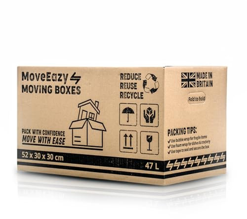 MoveEazy Cardboard Moving Boxes Large Box Strong House Packing Storage Removal with Carry Handles 52cm x 30cm x 30cm (47 Litres) (47L, Pack of 5)