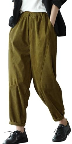 chouyatou Womens Fall Winter Loose Corduroy Pants Elastic High Waisted Straight Leg Trouser with Pockets (Small,Ginger)