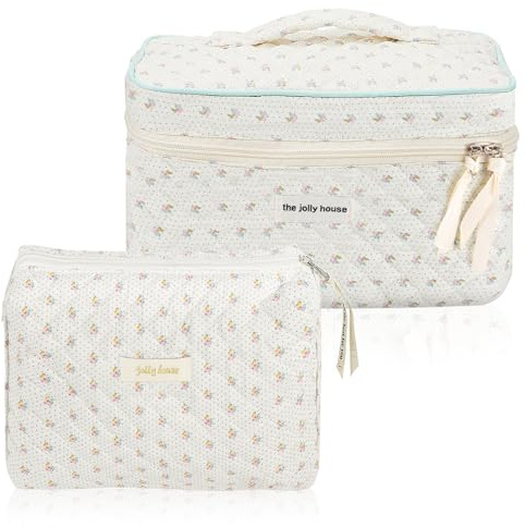 Aucuu Reise Kosmetiktasche, Coquette Make-up-Tasche, Gesteppte Kulturtasche Damen, Kosmetiktasche Groß Kapazität, Baumwolle Make-up Tasche mit Blumenmuster für Kinder Damen Herren