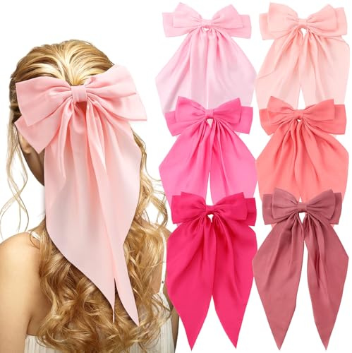 Yuxung 6 Pcs Coquette Large Pink Bow for Girls Women Oversized Long Tail Clip Barrette Ribbons Satin Bows Cute Bowknot Hair Accessories Gift for Birthday Galentine's Day Holidays