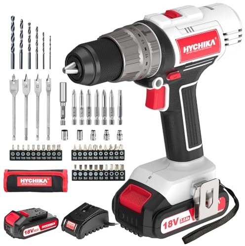 HYCHIKA Avvitatore a Batteria 18V, Trapano a Percussione Trapano 2,0 Ah, Max 45 Nm, 2 Velocità, Coppia 21+3, 55 Accessori, Luce da Lavoro a LED