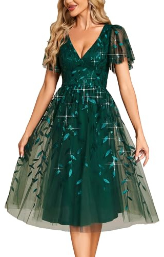 Ever-Pretty Prom Dress Leaf Sequin Short Sleeve Tulle Midi Wedding Guest Dress Dark Green 22UK