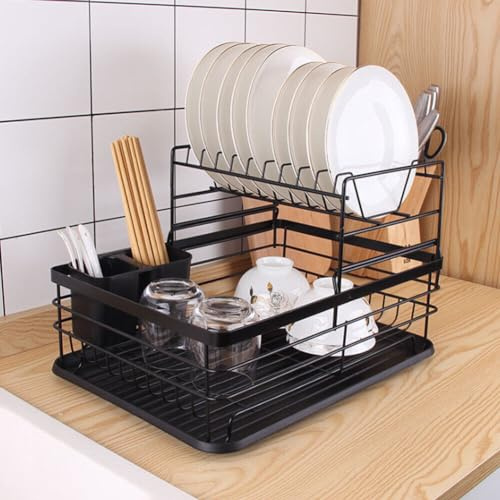TOTEBOX 2-Tiers Dish Drainer Rack with Removable Cutlery Holder and Drip Tray, Metal Dishes Drying Rack Draining Storage Kitchen Organiser Black
