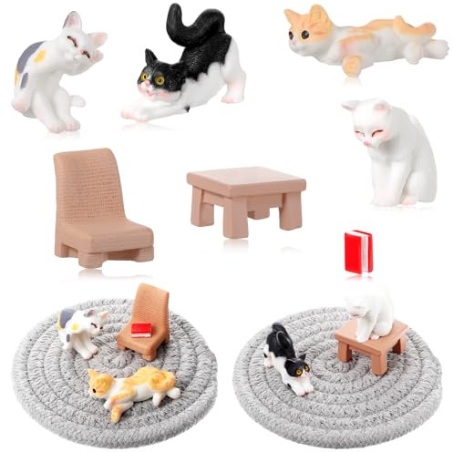 Qinayu Lot de 7 figurines de chat réalistes en résine peintes à la main pour décoration de gâteau de Pâques Cadeau de Noël ou d'anniversaire