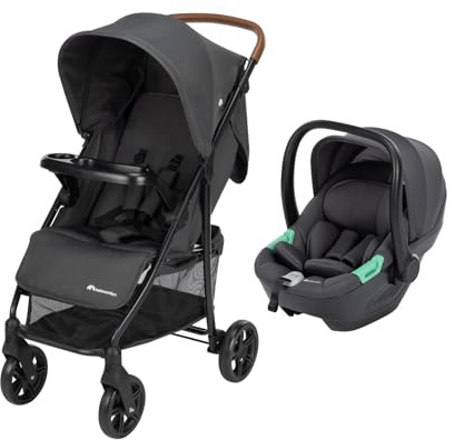 Bebeconfort Misty Duo Passeggino Compatto 2 in 1, 0-4 anni(0-22 kg), Cestello capacità di 8 kg, Vassoio per la sicurezza e il gioco, Pieghevole e Reclinabile, Seggiolino Auto i-Size, Mineral Graphite