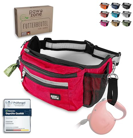 PAWZONE Leckerlitasche für Hunde als Bauchtasche mit Reflektorband | Leckerlibeutel für Hunde · Gassi Tasche Hund · Futterbeutel Hundetraining · Gürteltasche · Inkl. Zusatzgurt für Flexileine