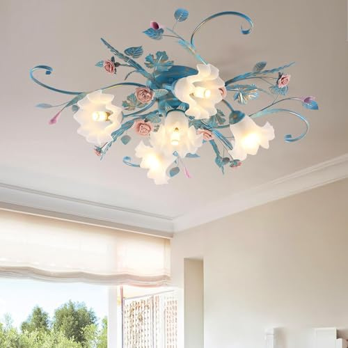 Meixtrevar Flower Chandelier Ceiling Light,5-Light Pink Ceramic Rose Ceiling Lamp with Glass Lampshade,Flush Mount Ceiling Light Fixture for Living Room,Bedroom,Dinning Room,Hallway,Kitchen,Turquoise.
