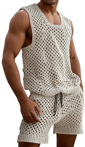 AIEOE Set di gilet e pantaloncini all'uncinetto da uomo, due pezzi, tute muscolari, pantaloncini lavorati a maglia e canotta, abiti estivi, maglietta senza maniche, pantaloncini con coulisse