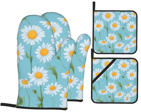 Ofenhandschuhe Und Topflappen-Set Weißes Gänseblümchen Im Hellblauen Hintergrunddruck Hitzebeständig Topflappen Stylische Kochhandschuhe Für Cafe Grillen Backen,4 Stck.