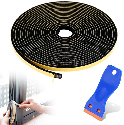 Tapvai 5m Guarnizione Adesiva, 7mm x 2mm Guarnizione Finestra con Piccolo Raschietto, Guarnizioni In Gomma, Nastro Sigillante Impermeabile per Piano Cottura per Sigillare e Isolare，Porte, Finestre