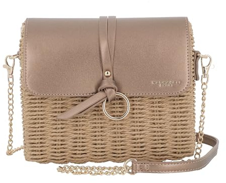 flora & co Sac Bandoulière Chaîne Femme en Paille - Besace De Plage Été Rotin Tressé - Bohème Tendance - Marron Métal