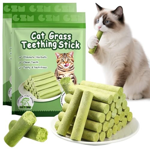 12 Stück Katzengras Snack, Cat Grass Teething Stick, Katzengras Sticks, Gefriergetrocknet Snacks für die Zahnpflege und Haarknäuel Entfernen, Katzenminze Sticks zur Verbesserung der Katzenverdauung