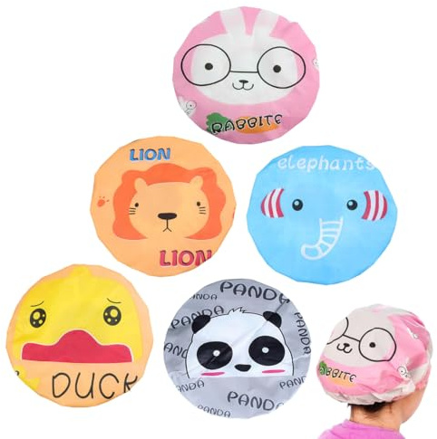 5PCS Gorro de Ducha para Niños Gorro de Ducha Impermeable Kids Shower Cap Gorro de ducha de Dibujos Animados Reutilizable para Salón, SPA, Viajes (A)