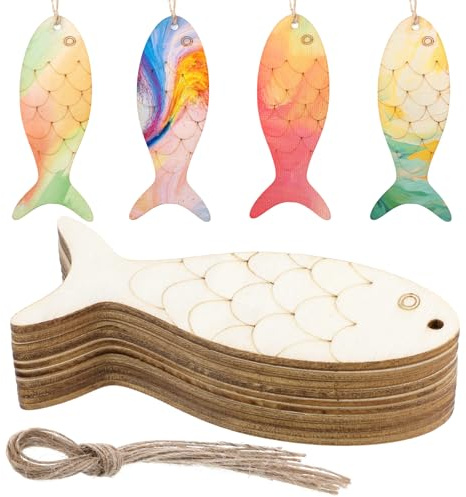 BOHUIZ 30 Stück Holzausschnitte in Fischform zum Selbermachen, Unfertiges Fischornament Holz mit Hanfseile Holzanhänger zum Bemalen für DIY Ozean Tier thematische Party