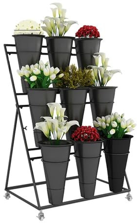 HUGDSB 3 Tier Flower Display Stand with 9 Pots and 4 Lockable Wheels, Metal Plant Cart Moving Florist Bouquet Shelf for Indoor, Outdoor Patio Garden(D)