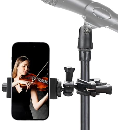 Mic Stand Phone Holder, 360° Adjustable Smartphone Clip for Microphone Stand, Compatible with iPhone & Samsung Galaxy (All Phones with Cases), Ideal for Music Performance, Recording, Live Streaming