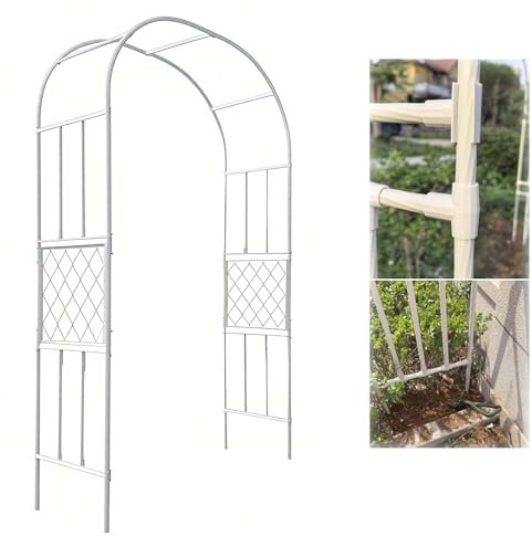 Enrejado de arco de metal para plantas trepadoras, 2,1 x 2,4 m, árbol blanco para bodas, fiestas y decoración al aire libre, marco duradero para flores y vides