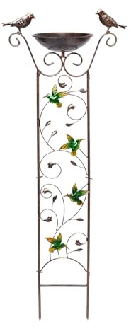 Vogelbad – Futterschale aus Eisen, Wasserschale für den Außenbereich, freistehender Gartenständer, Kletterpflanzen, herausnehmbare Futterschale, J-Skulptur