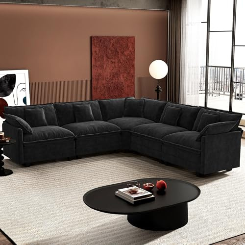 Ihanherry 114 V-Shaped Modern Sofa Modular Sectional Cloud Couch with Corner Section, 5-Seat Chenille Deep Seat Sofa with 5 Pillows for Living Room, Bedroom and Apartment, Black